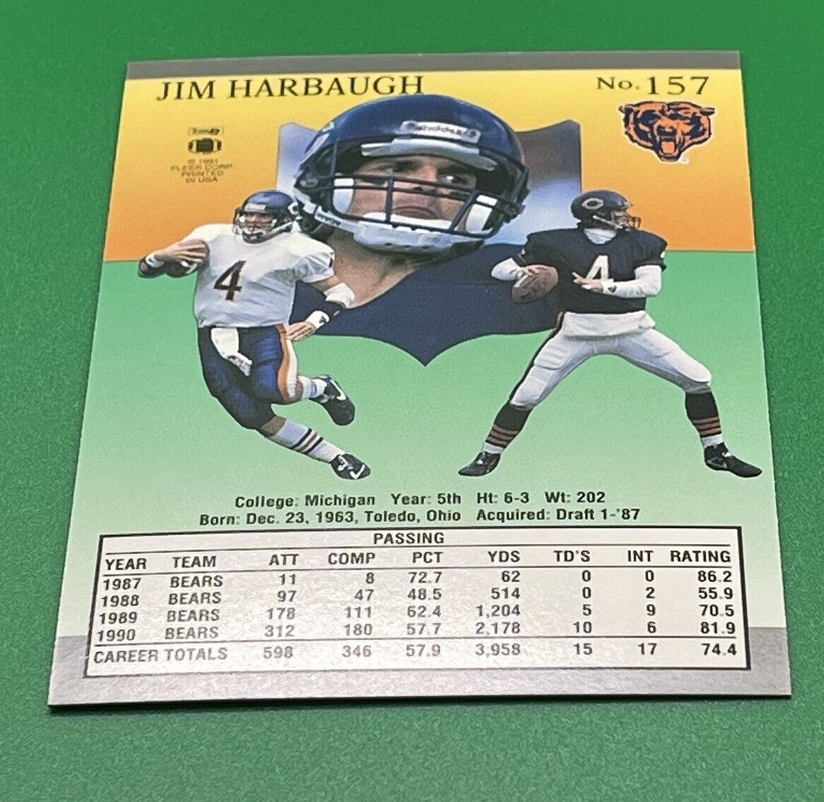 1991 Fleer Ultra #157 Jim Harbaugh NM-MT Bears Wolverines