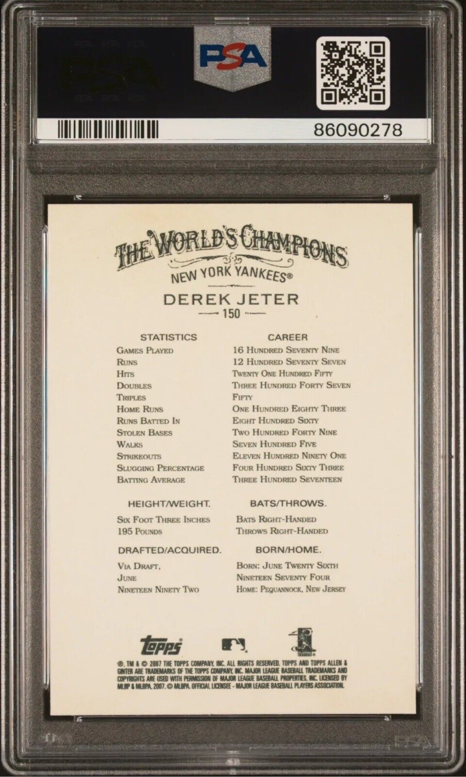 💎 2007 Topps Allen & Ginter #150 DEREK JETER YANKEES HOF PSA 10 GEM MT