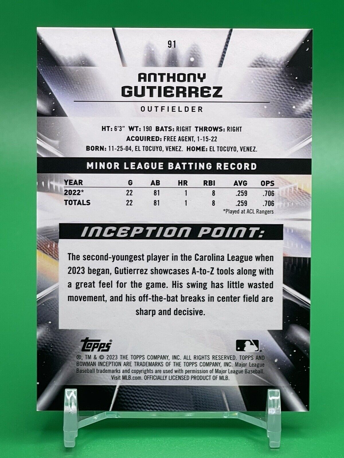 2023 Bowman Inception ANTHONY GUTIERREZ  #91 Texas Rangers