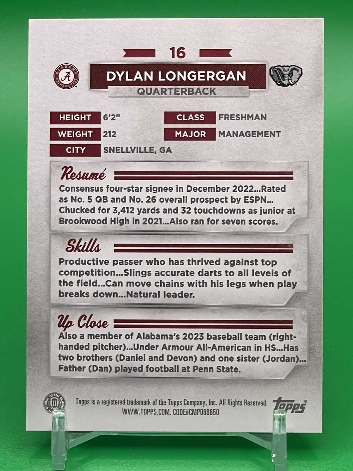 2023 Bowman U Alabama DYLAN LONGERGAN Blue Foil 18/99