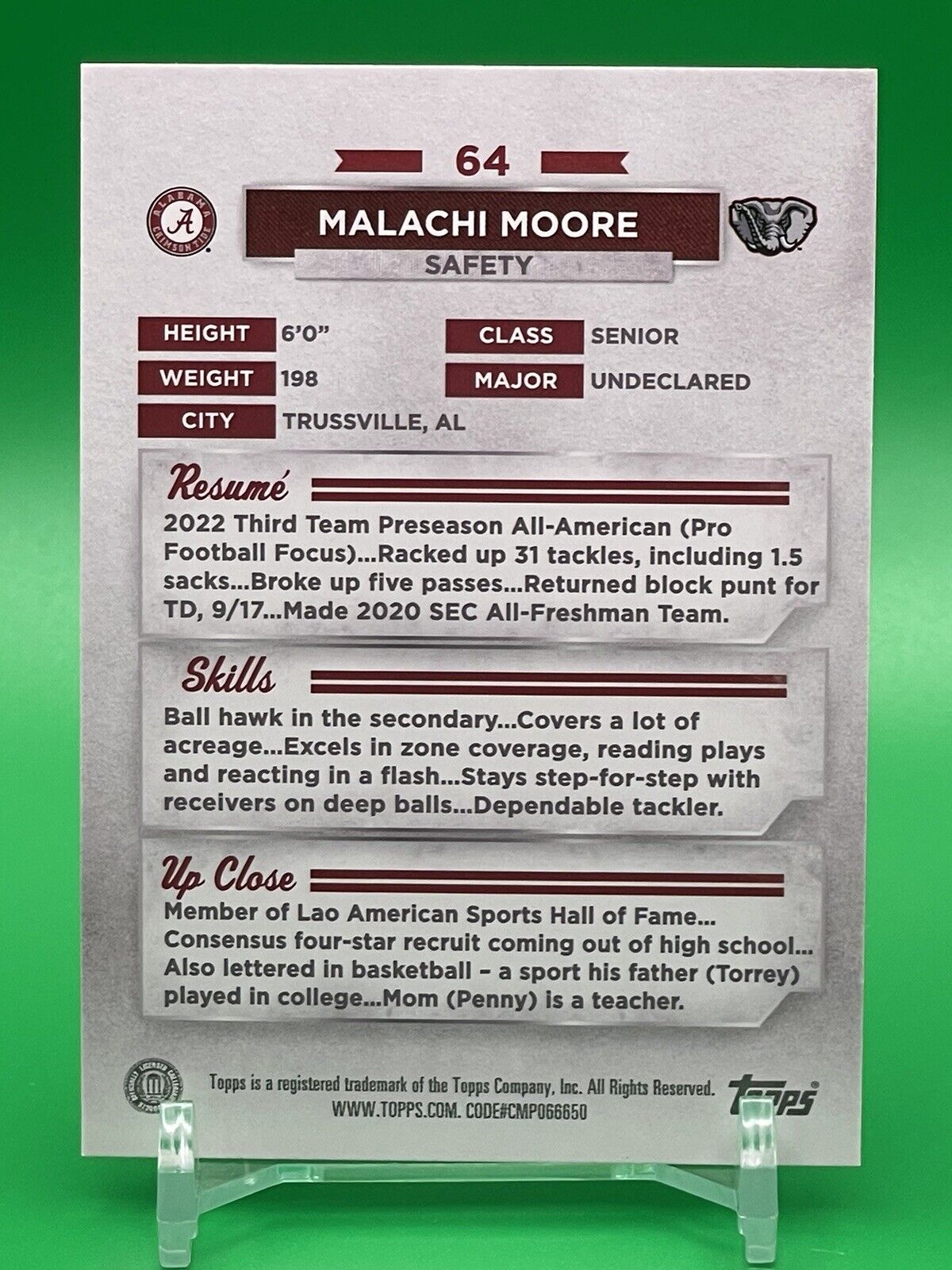 2023 Bowman U Alabama MALACHI MOORE Gold Foil 44/50