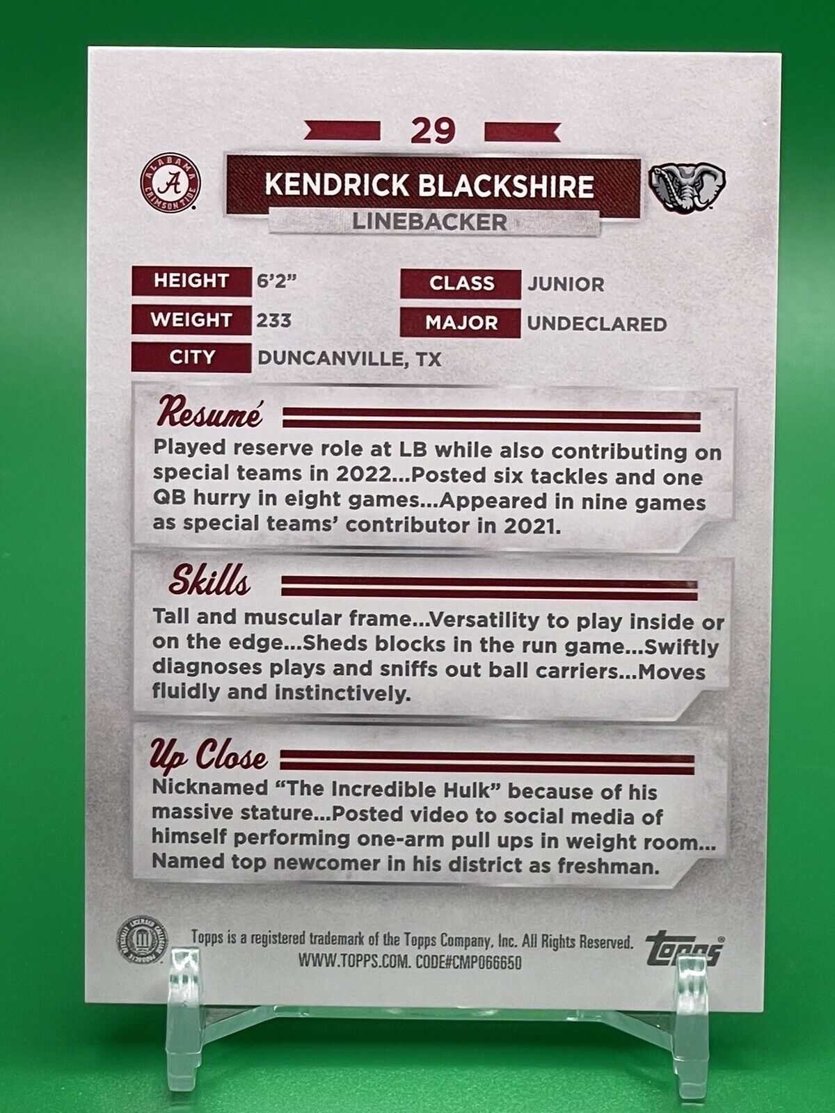 2023 Bowman U Alabama KENDRICK BLACKSHIRE Red Foil 3/5 *READ*