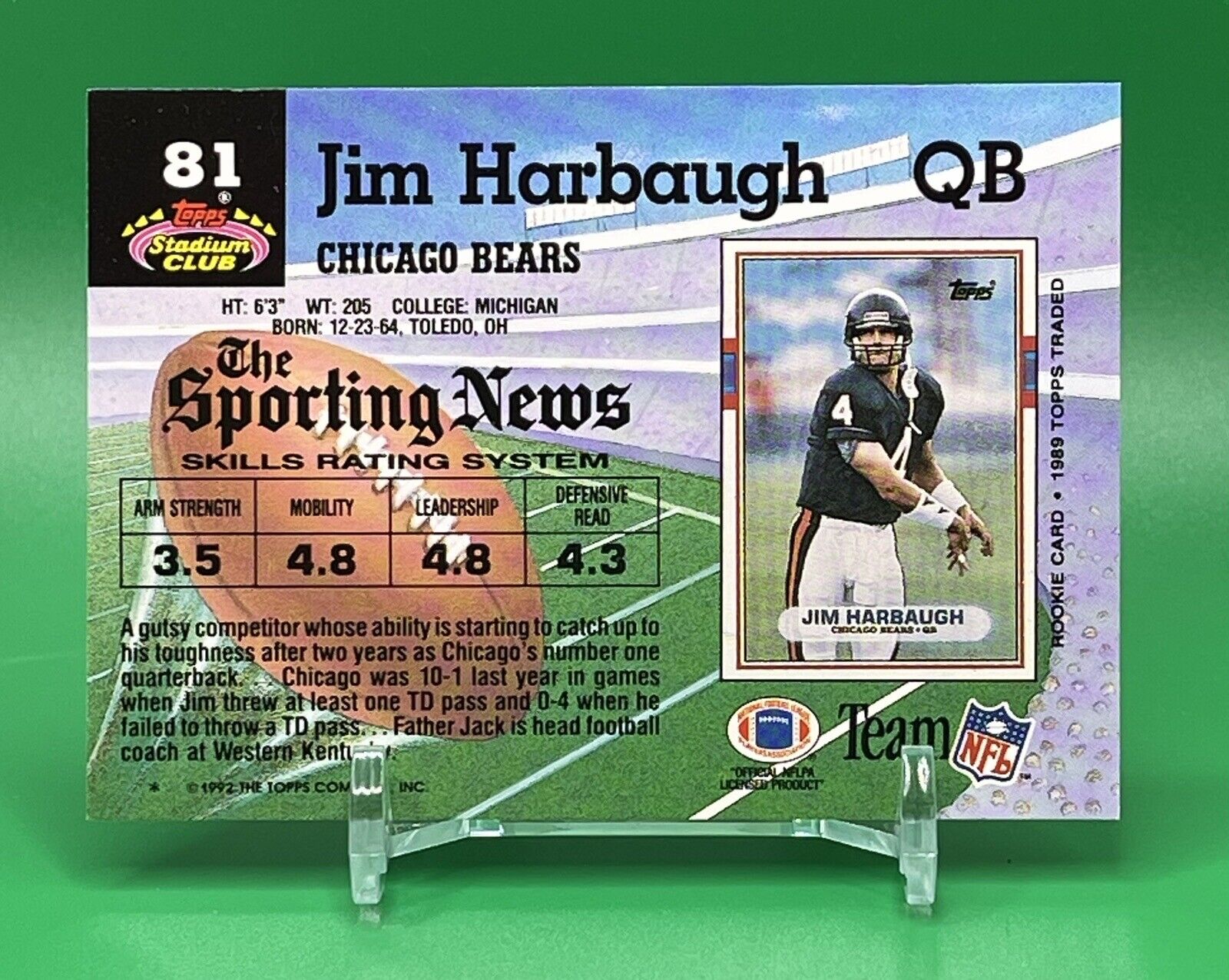 1992 Stadium Club Football Card #81 Jim Harbaugh Bears Wolverines