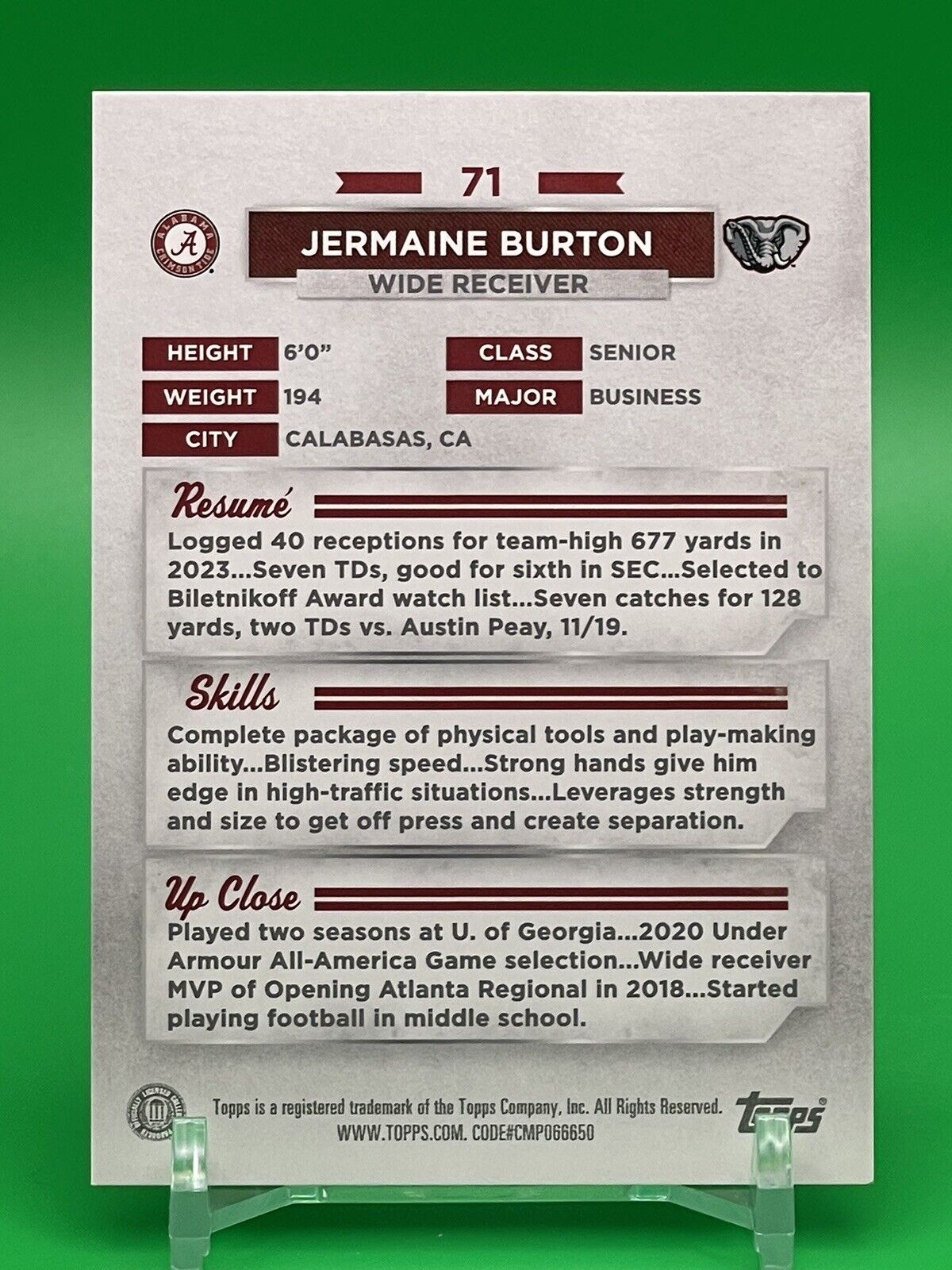 2023 Bowman U Alabama JERMAINE BURTON Black Foil Parallel 01/10 ! BENGALS