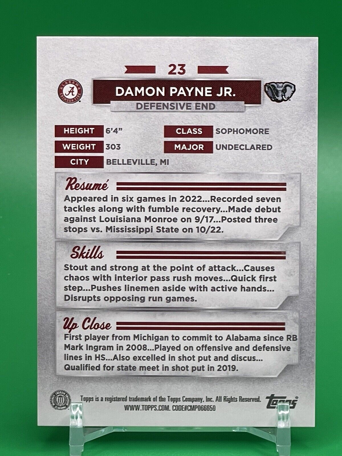 2023 Bowman U Alabama DAMON PAYNE JR. Black Foil 5/10