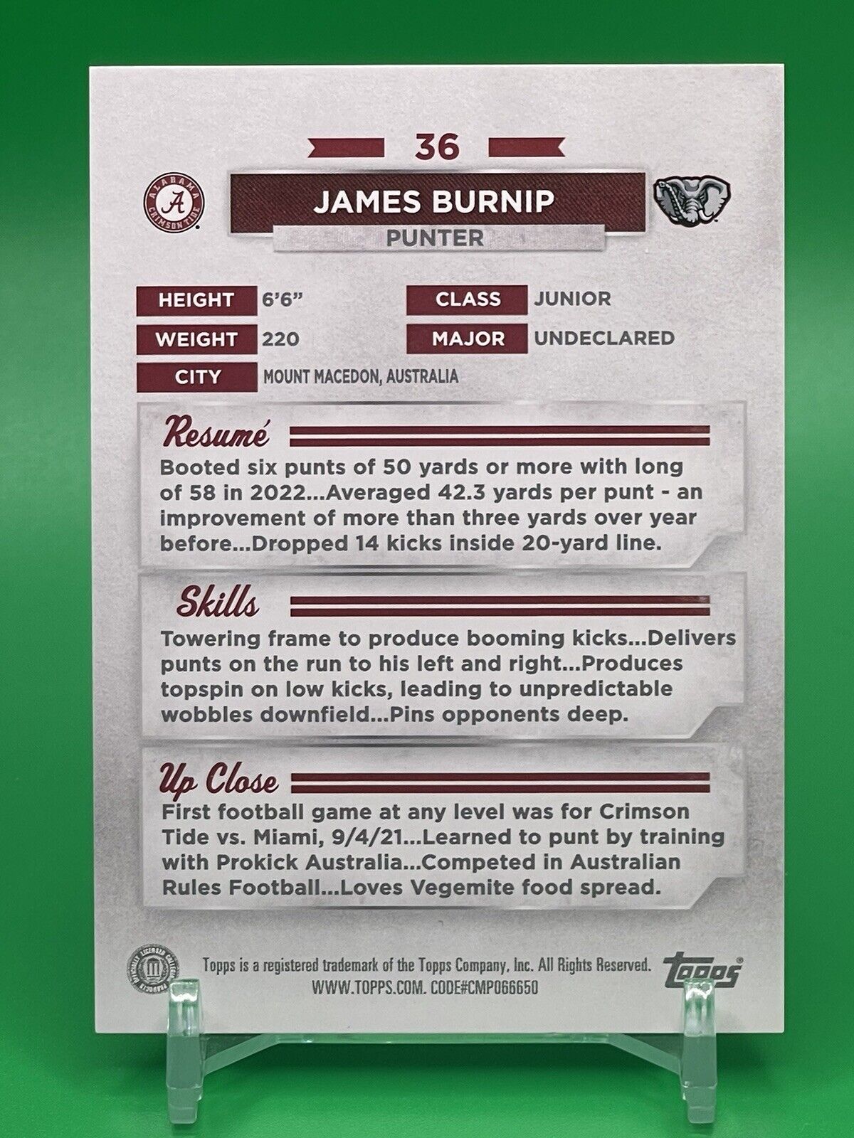 2023 Bowman U Alabama JAMES BURNIP Red Foil 3/5