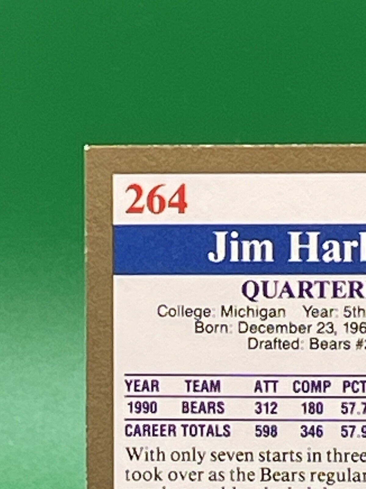 1991 Score Jim Harbaugh Bears Wolverines Excellent Condition